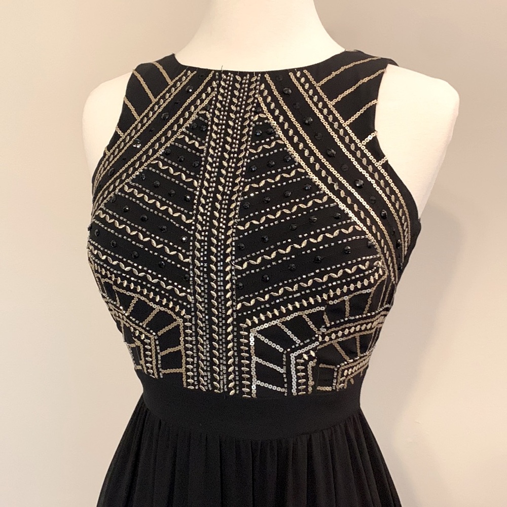 Gianni Bini Black Maxi Dress with Gold Beaded Detail